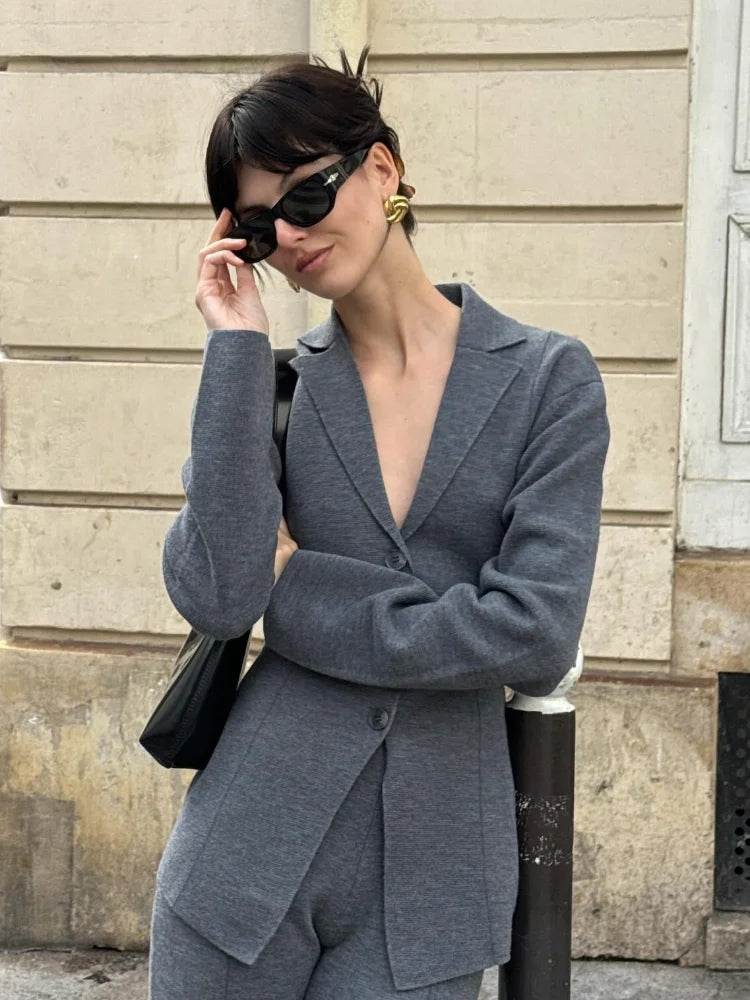 maoxiangshop - Fashion Women Gray Single Breasted Knitted Blazer Elegant Lapel Long Sleeve Slim Coat Autumn Chic Lady Commuting Street Outwear