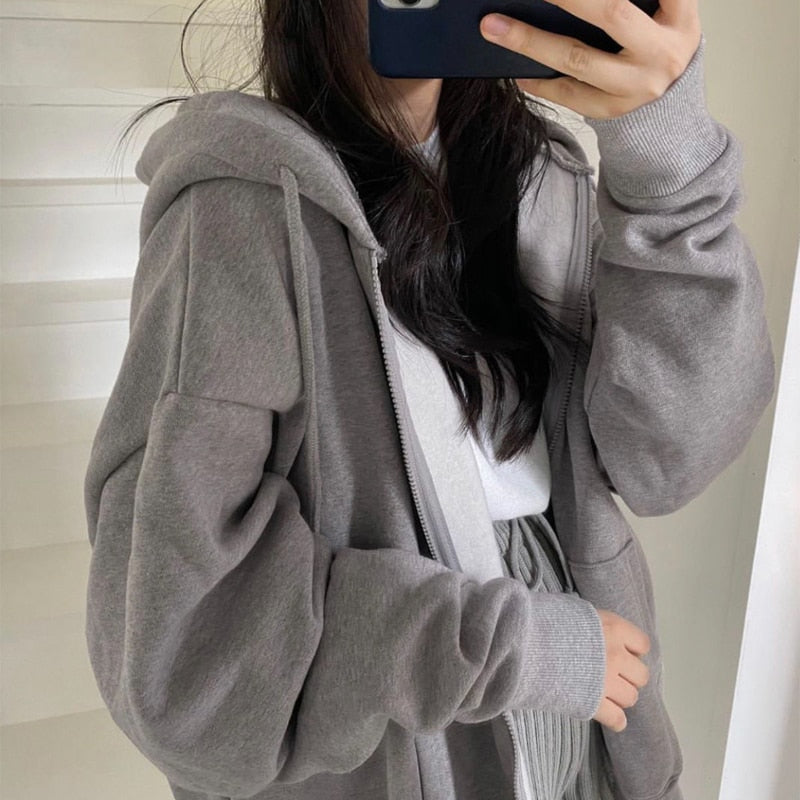 maoxiangshop Harajuku Zip Up Hoodie Women Retro Long Sleeve Oversized Solid Color Hoodies Autumn Korean Style Pocket Drawstring Sweatshirt