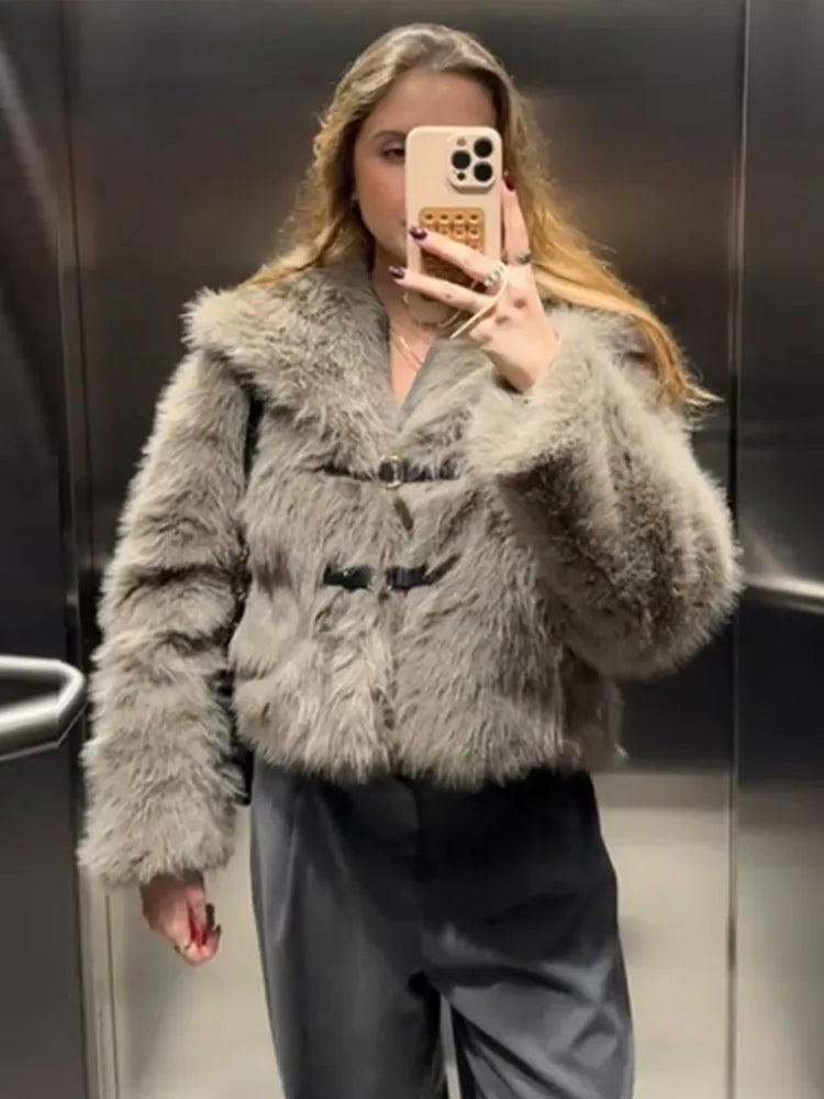 maoxiangshop - Vintage Faux Fur Button Coats Women Winter Loose Solid Plush Lapel Cost Female Autumn Warm Versatile High Street Outwear