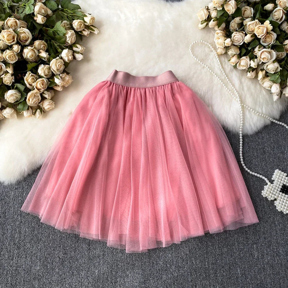 maoxiangshop Sweet Women Mini Skirt Mesh Solid Tierred Ruffles Elastic Waist Women's Clothing Almighty A-line Tulle Skirts Summer