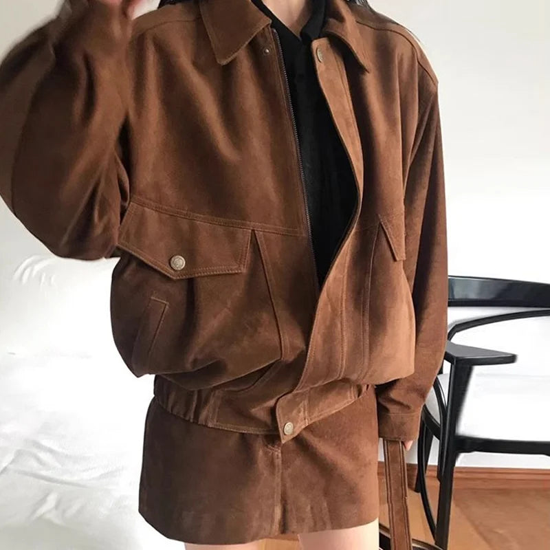 maoxiangshop - Autumn Vintage 2 Piece Sets Laple Neck Long Sleeve Zipper Women Baseball Jacket High Waist A-line Skirts Casual 2 Piece Outfits