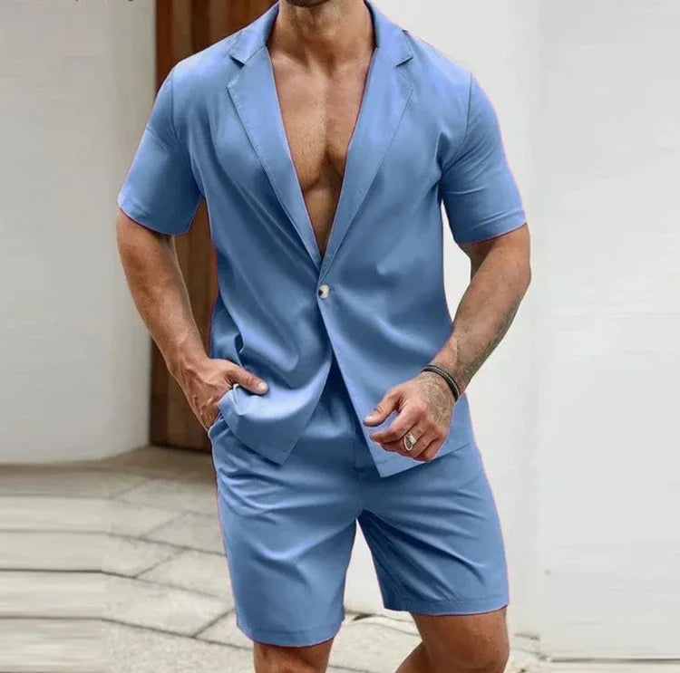 maoxiangshop 2024 American Style New Men's Stylish Sets Solid Short Sleeved Blazer Shorts Leisure Streetwear Male Suit 2 Pieces S-5XL