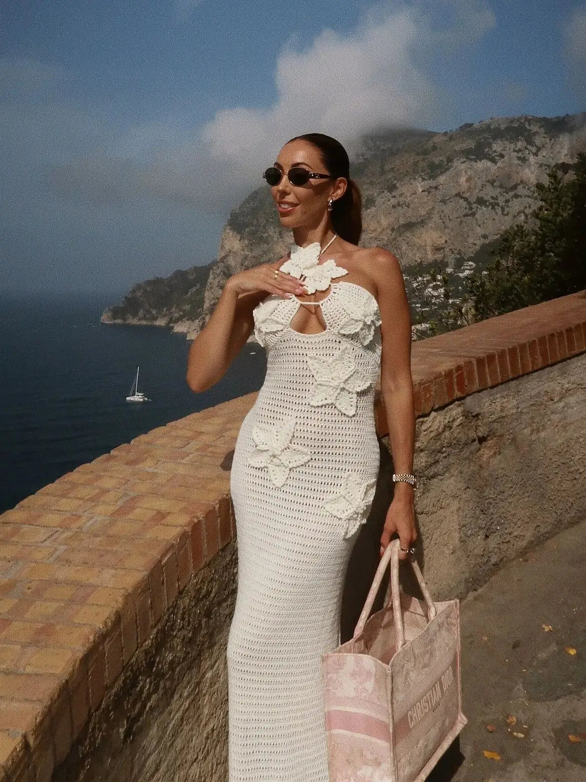 Sexy 3D Flower Knitted Dress Women Hollow Out Halter Sleeveless Beach Long Dresses Female Summer Vacation Ladies Vestidos