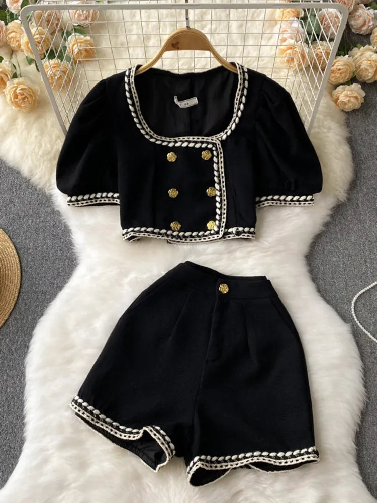 French Streetwear Small Fragrance Pants Suits Women Short Jacket Coat Crop Top & High Waist Shorts Sets Summer Two Piece Set