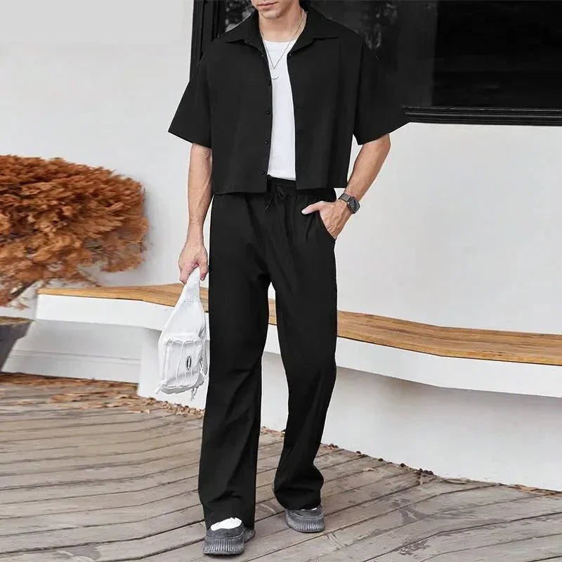 maoxiangshop 2024 Men Sets Solid Color Streetwear Lapel Short Sleeve Shirt & Pants Two Pieces Sets Fashion Men's Casual Suits S-5XL