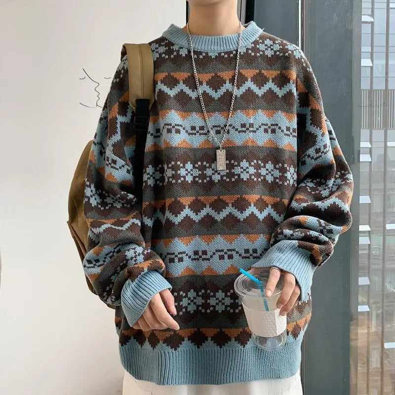 maoxiangshop Mens Sweater Vintage Pullover Turtleneck Casual Sweaters for Men Clothing Geometry Pullovers Casual Free Shipping Male Clothes