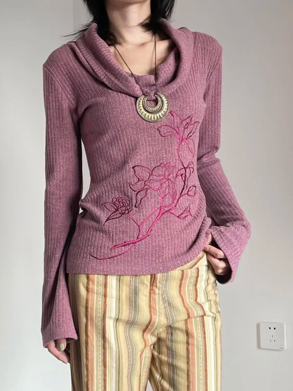 maoxiangshop - Swinging Collar Off Shoulder Purple Embroidered Sweater for Women Autumn Spicy Girls Slim Fit High End Knitted Shirt Women Tops