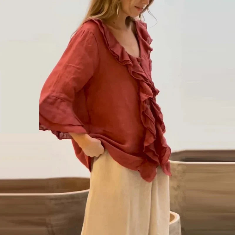 maoxiangshop - Autumn Casual Loose 3/4 Flying Sleeved Blouse Retro Solid Single Breasted Office Clothing Elegant V Neck Ruffles Women Pullover