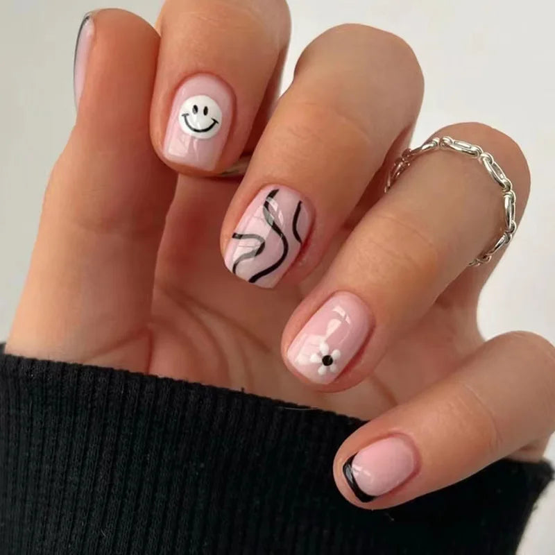 maoxiangshop 24Pcs Blue Flower False Nails Almond Cute Heart with French Design Detachable Fake Nails Artificial Press on Nails Tips Art