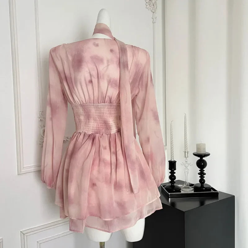 maoxiangshop - 2024 New Fall Gentle Long-sleeve Chiffon Fairy Dress Women Elegant Fashion V-Neck Sweet Dresses Holiday Printed Dress Vestidos