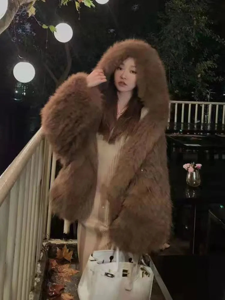 Women's Coat New In Fashion Hooded Solid Color Jacket Elegant Tops Temperament Style Winter Commuting Streetwear Fur Coat Women