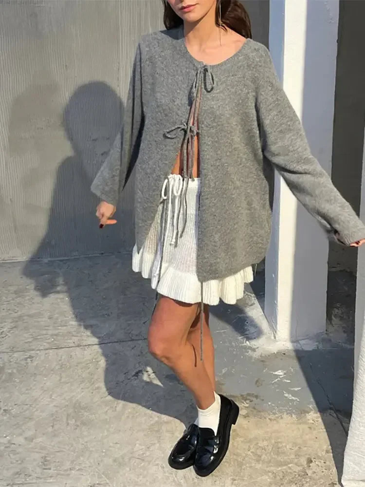 maoxiangshop - Chic Knitted Grey Lace Up Cardigan Women Casual Round Neck Long Sleeve Sweater 2024 Autumn Female Commuting Street Pullover