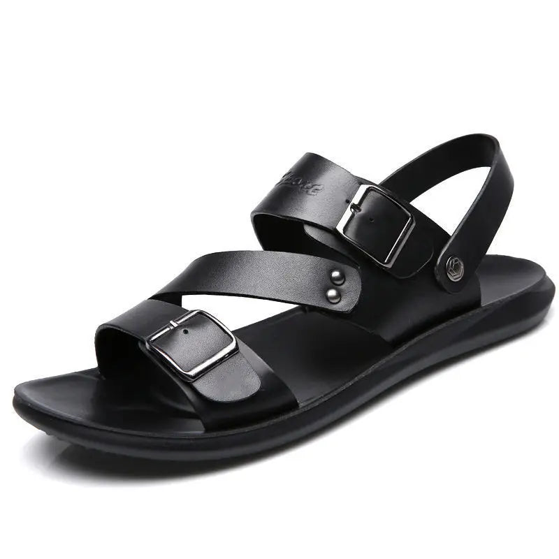 maoxiangshop Comfortable Men's Sandals Solid Color Open Toe Mens Leather Sandals New Slippers Beach for Male Leather Footwear