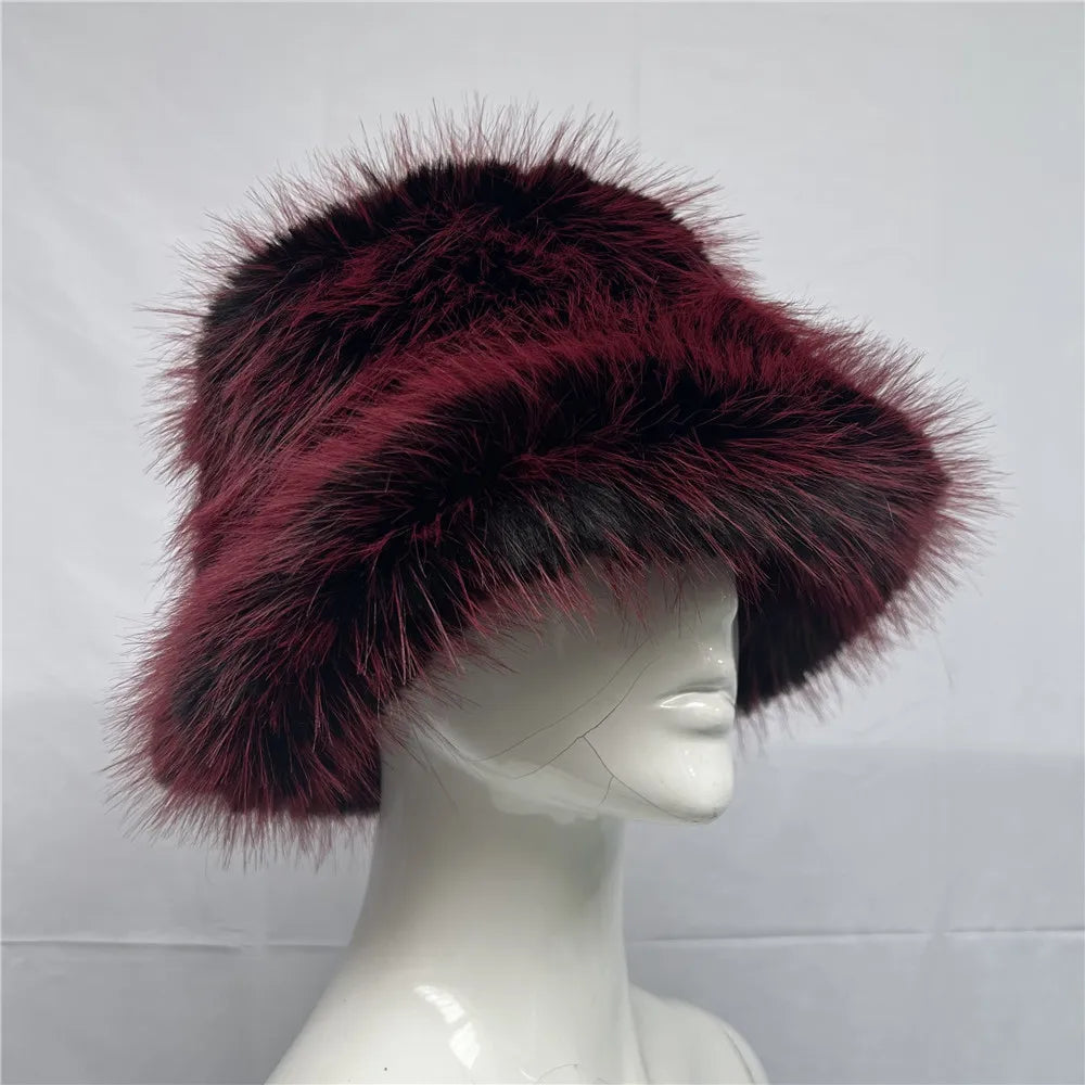 maoxiangshop - Luxury Ins Hot Y2k Girls Faux Fox Fur Bucket Hat Women Winter Warm Rabbit Fur Plush Fisherman Hat Cap Festival Party Ski Panama