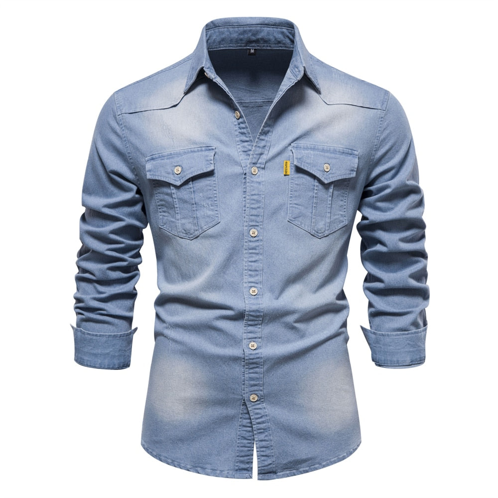 maoxiangshop Brand Elastic Cotton Denim Shirt Men Long Sleeve Quality Cowboy Shirts for Men Casual Slim Fit Mens Designer Clothing