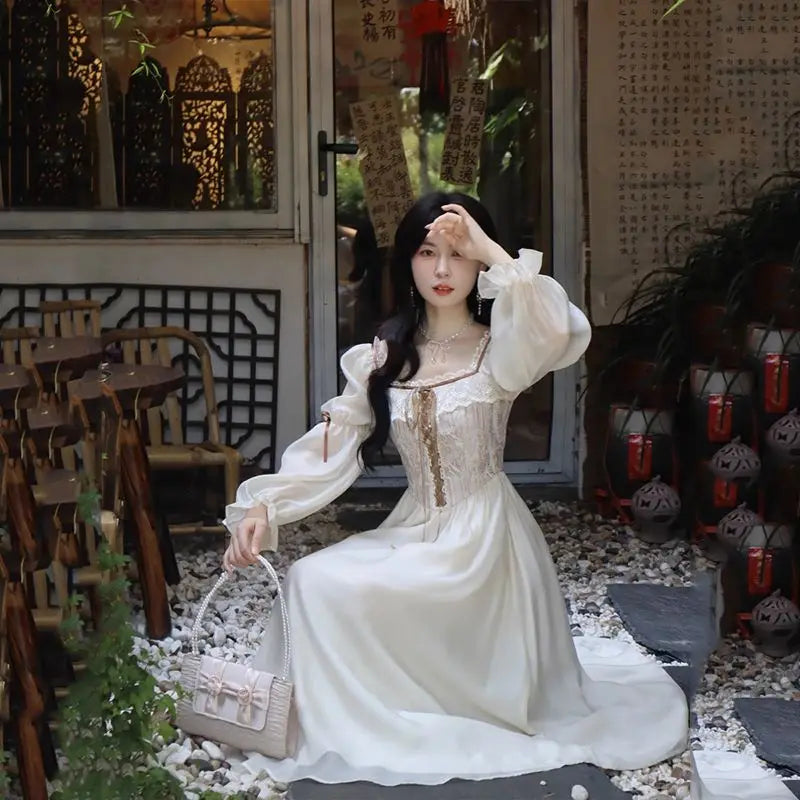 maoxiangshop - Autumn Long Sleeve Elegant Lace Dress Woman French Style Fashion Midi Dress Casual Party Slim One Piece Dress Korean Chic