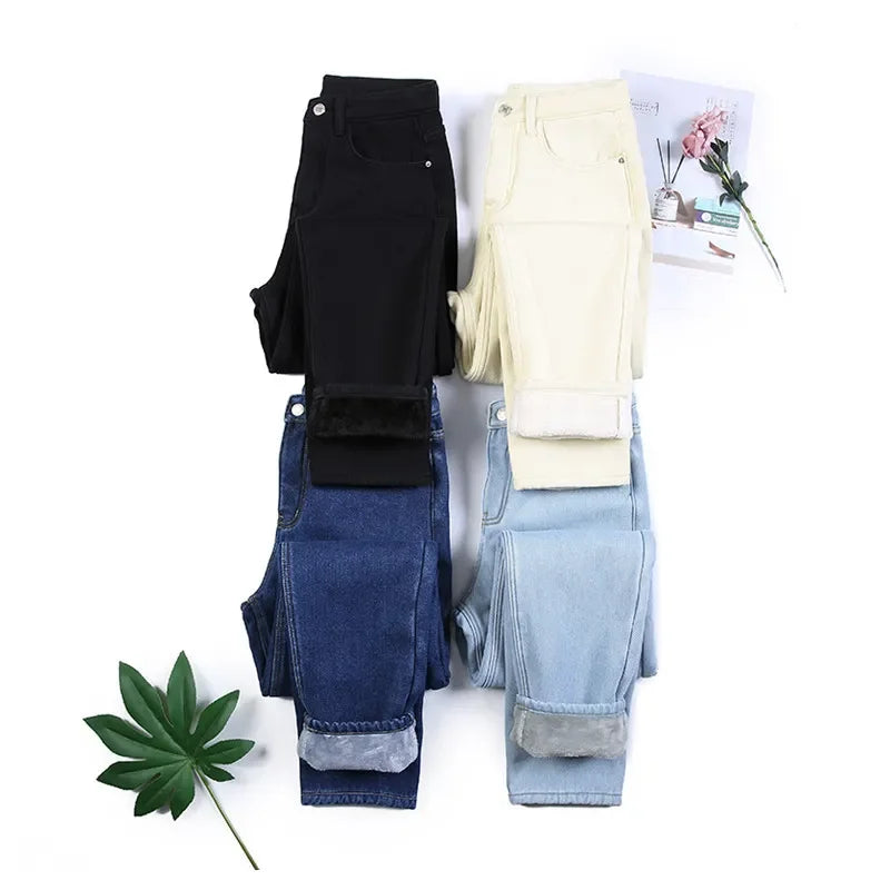 maoxiangshop Fleece Jeans Women Baggy Harem Pants Winter New High Waist Straight Thickened Warm Boyfriend Velvet Denim Trousers