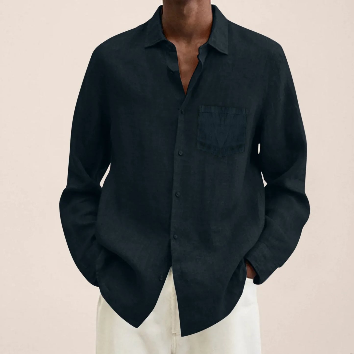 maoxiangshop Male Summer Cotton Linen Solid Casual Plus Size Loose Shirt Mens Turn Down Long Sleeve Shirt