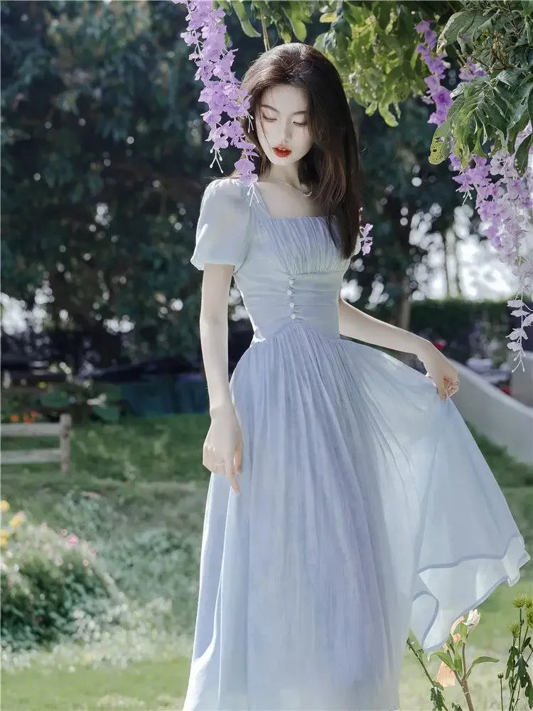 maoxiangshop Blue Fairycore Dress Women Sweet Thin Defined Midi Romantic Summer Chic French Style Square Collar Gentle New Arrival OOTD