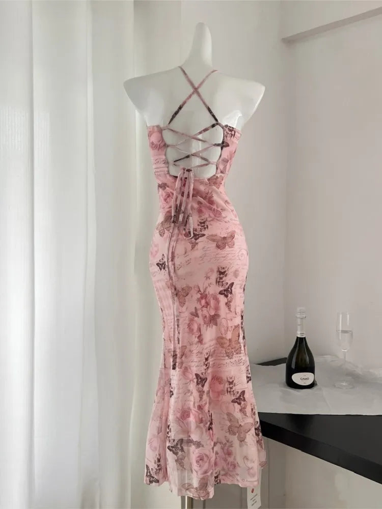 maoxiangshop Sexy Bodycon Backless Bandage Long Dresses for Women Summer Elegant Printed Spaghetti Strap Lace-up Party Dress Prom Vestidos