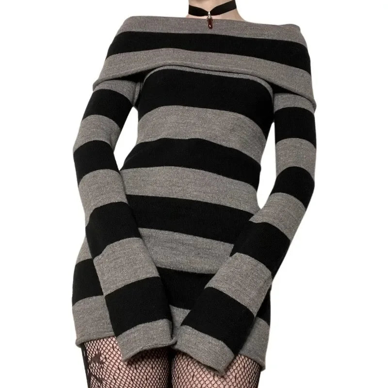 maoxiangshop - Striped Knitted Sweater Mini Dress 2024 Fall Winter Women Boat-neck Off Shoulder Long Sleeve Bodycon Casual Dresses Party Outfit