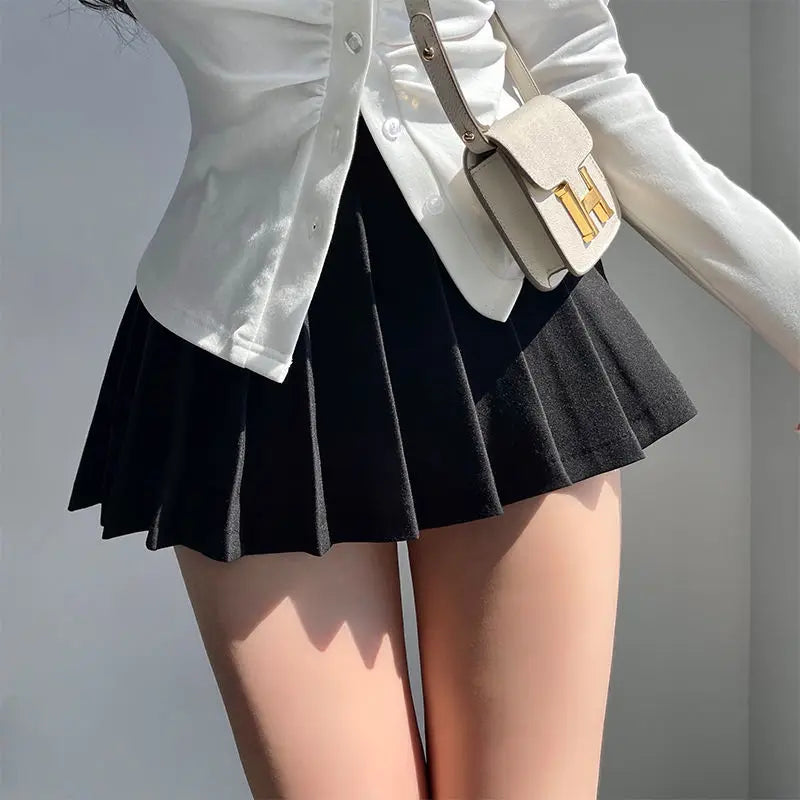 maoxiangshop Pleated Skirt with Shorts Women Sexy High Waist Grey A-line Korean Style Gyaru Mini Tennis Skirt School Girl Summer