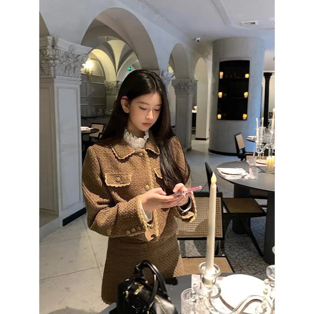 maoxiangshop - Autumn/Winter Women Suit Polo Collar Short Coat A-line Mini Skirt Set High End Fashion Navy Blue Two Piece Sets Women Outfits