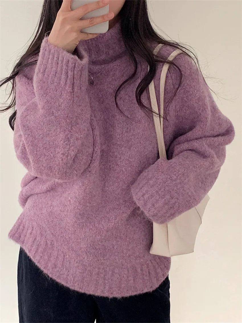maoxiangshop - Elegant Sweaters Soft Loose Women Chic Knitted Winter 2025 Casual All Match Pullovers Warm Daily Turtleneck