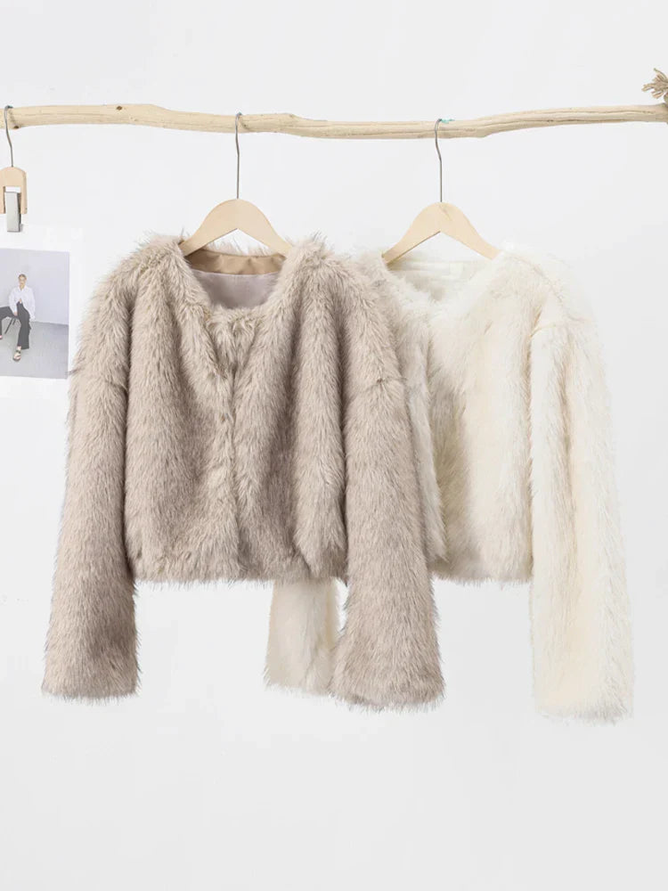 maoxiangshopCrew Neck Crop Faux Fur Women Outwear Fluffy Long Sleeve Warm Fashion Female Coat Autumn Winter Soft Streetwear Lady Tops