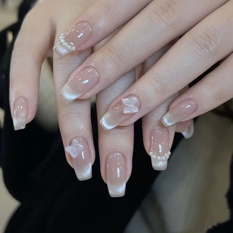 maoxiangshop 24pcs Wearable Pink Press On Fake Nails Tips With Glue false nails design Butterfly Lovely Girl false nails With Wearing Tools