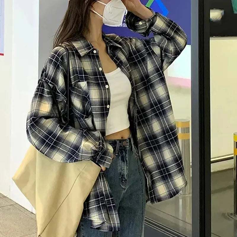 maoxiangshop Autumn All Match Plaid Shirts for Women Korean Fashion Button Up Oversized Shirt Woman Aesthetic Loose Blouse Female
