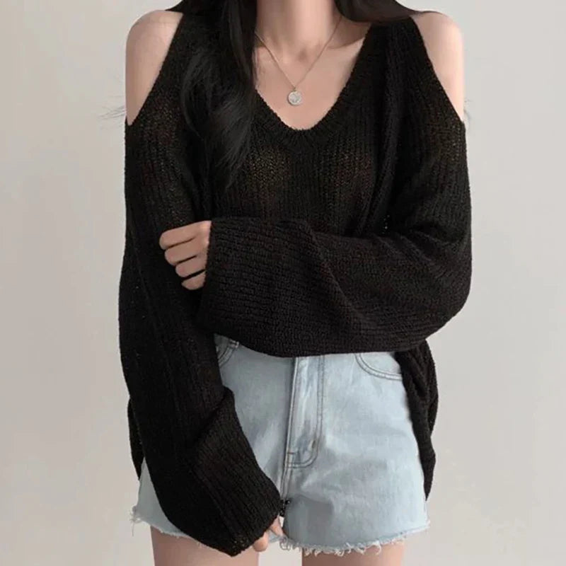 maoxiangshop-Women Hollow Out V-Neck Off Shoulder Sweater Loose Long Sleeve Knit Thin Jumpers Streetwear Tops For Women Fall Winter