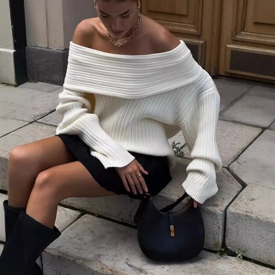 maoxiangshop - Elegant Oversize Knitted Thick Pullover Winter Fashion Slash Neck Full Sleeve Gray White Warm Women Sweater Streetwear