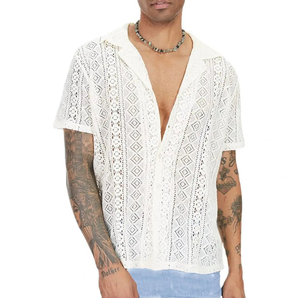 maoxiangshop Stylish Men T-shirt Mid-length Solid Color Soft Breathable See-through Men Shirt Men Shirt Daily Wear