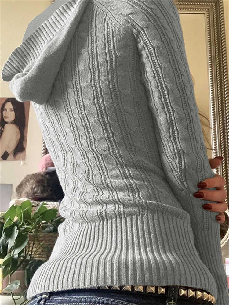 maoxiangshop - Twisted Flower Woven Hooded Sweater Women V-Neck Long Sleeve Solid Color Slim Casual Sweatshirt Autumn/Winter Streetwear