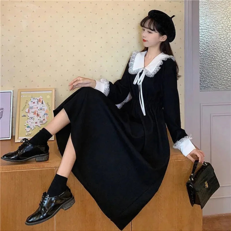 maoxiangshop New Vintage Shirt Dress Women Autumn Spring Long Sleeve Robe Kawaii Lolita Elegant Midi Dresses Korean Fashion Vestido платье