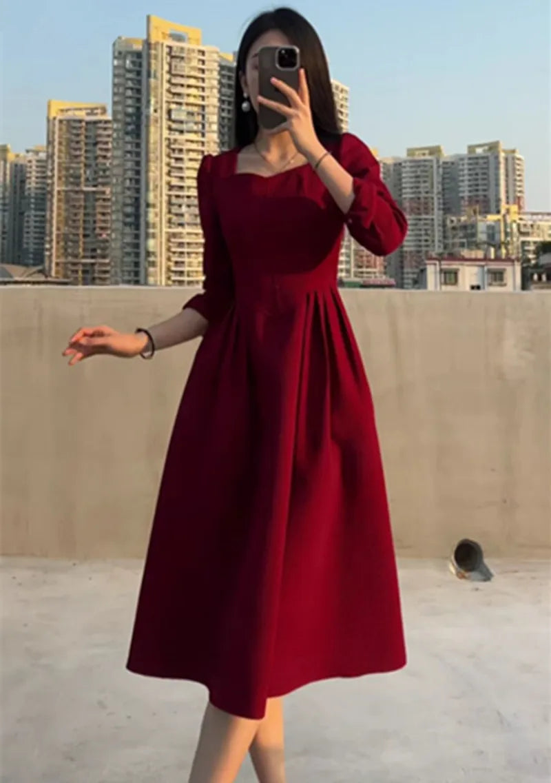 maoxiangshop Vintage Black Midi Dresses for Women Spring Autumn Square Neck Long Sleeve Elegant Party Red Female Clothing Korean Fashion