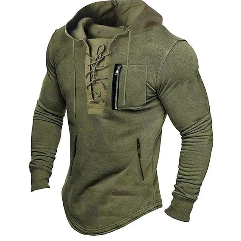 maoxiangshop Men Autumn Spring Top Lace Up Drawstring Solid Color Long Sleeve Zipper Pockets Pullover Streetwear Men Mid Length Hoodie