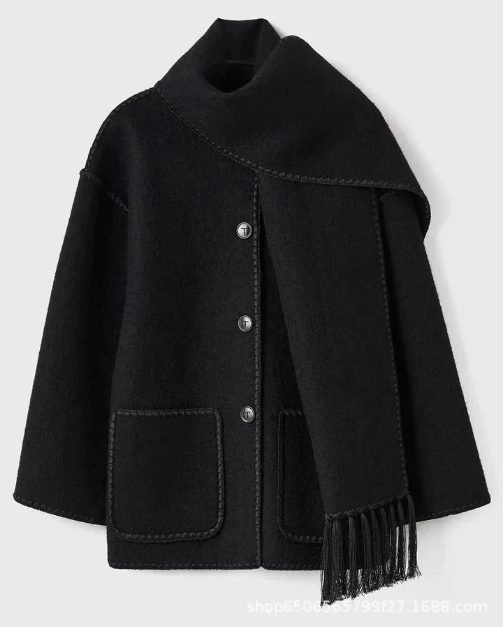 maoxiangshop - Fashion Loose Women Coat With Scarf Long Sleeve Pocket Single Breasted Female Coat 2024 Autumn Winter Fashion Lady Street Jacket