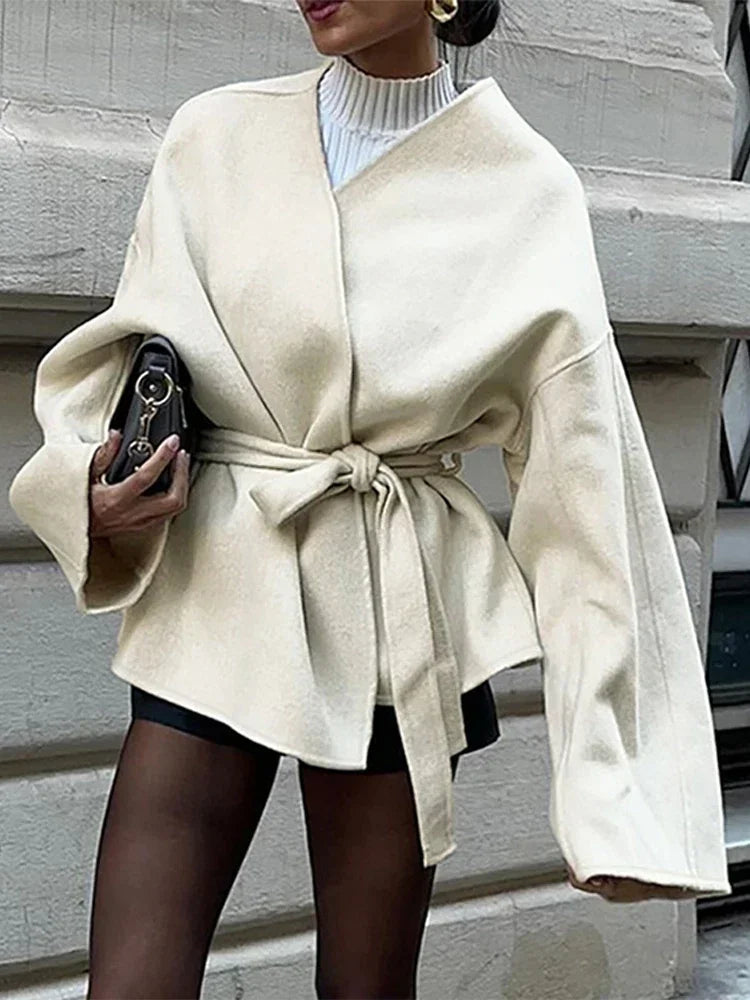 maoxiangshop - Elegant Fleece Women's Coat With Belt Solid V-neck Long Sleeve Lace Up Jacket Cardigan Autumn Winter Coats Female Tops Outwear