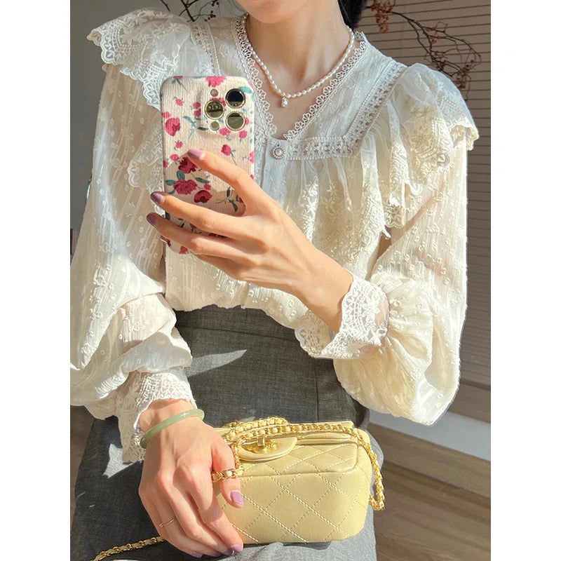 maoxiangshop-Vintage French Women Shirts Lace Lolita Elegant Long Sleeve Flounce Blouse High Quality Office Lady New Fashion Chic Female Tops
