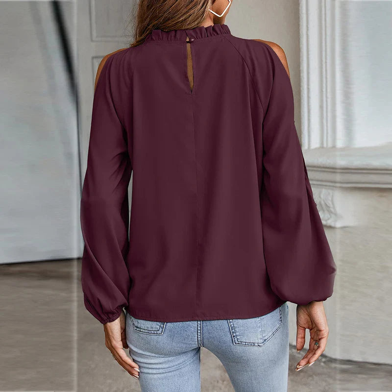 maoxiangshop Autumn and Winter New Women's Clean Color Lotus Leaf Round Neck Long Sleeve Pleated Off Shoulder Fashion Women's Top
