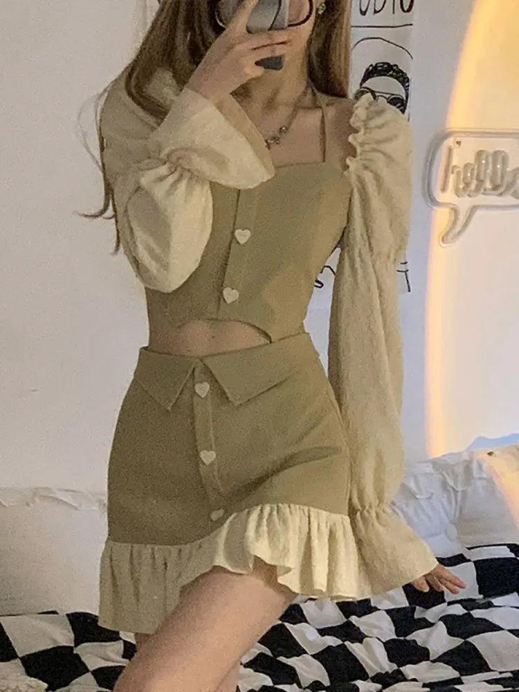 maoxiangshop Dresses Sets Women Sexy Skirt Outfits Female Two-piece Sets Puff Sleeve Halter Top+ A-line High Waist Skirt Two-piece Trend