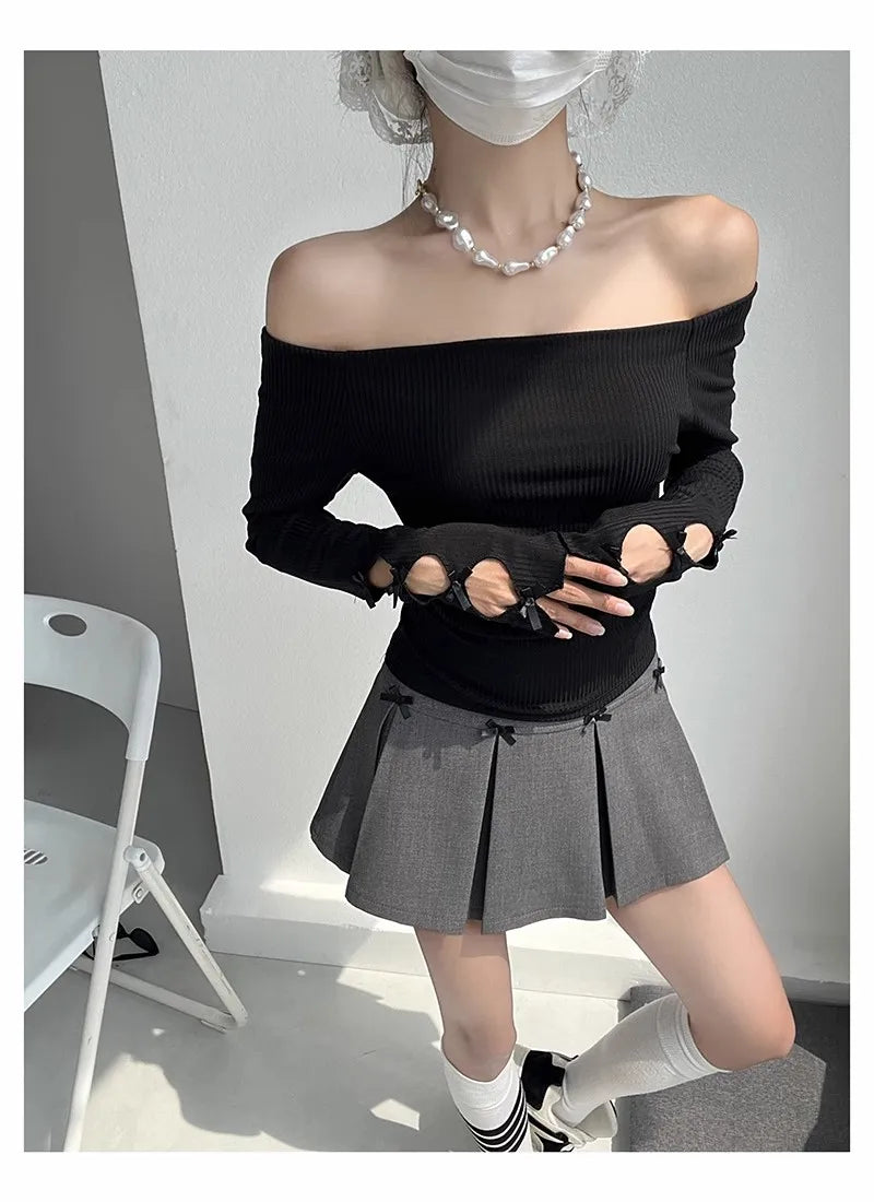 maoxiangshop - 2024 New Autumn Women Y2K T-Shirts Shoulder Streetwear Fairycore Hip Hop Tops Punk Casual Tees Female Clothes Leisure Fashion