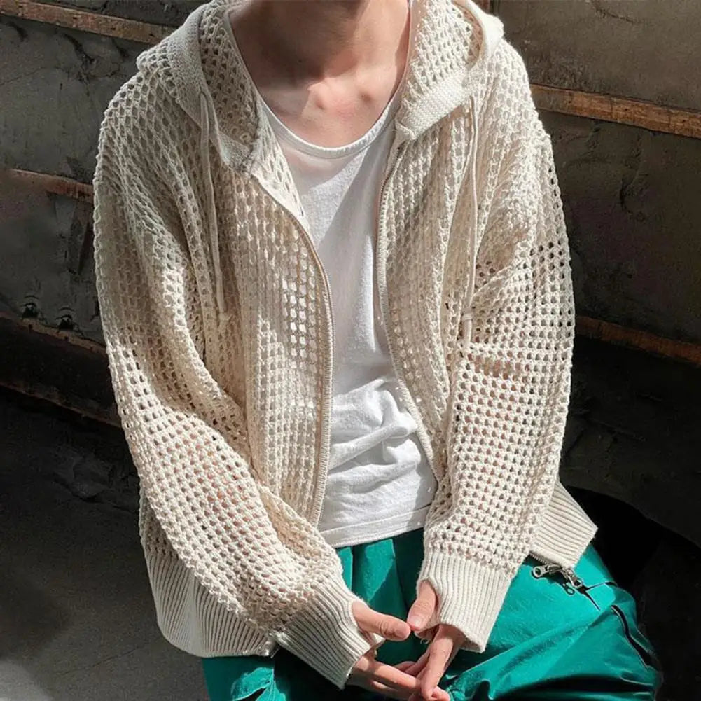 maoxiangshop Hollow Design Men Jacket Hooded Hip Hop Cardigan Stylish Men's Winter Jacket with Hollow Out Design Zipper Closure Men Hooded