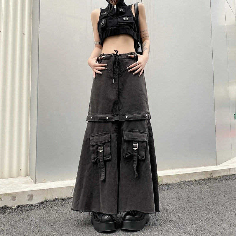 Spring Women Vintage Baggy Streetwear Denim Skirt Grunge 00S High Waist Y2K High Street Basic A-Line Lady Pockets Skirt