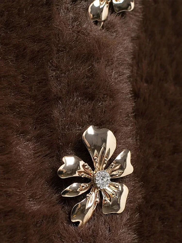 maoxiangshop - Women Faux Fur Half Sleeve Cardigans Coats Fashion O-neck 3D Flower Buttons Long Sleeves Sweater 2024 Autumn Soft Brown Tops