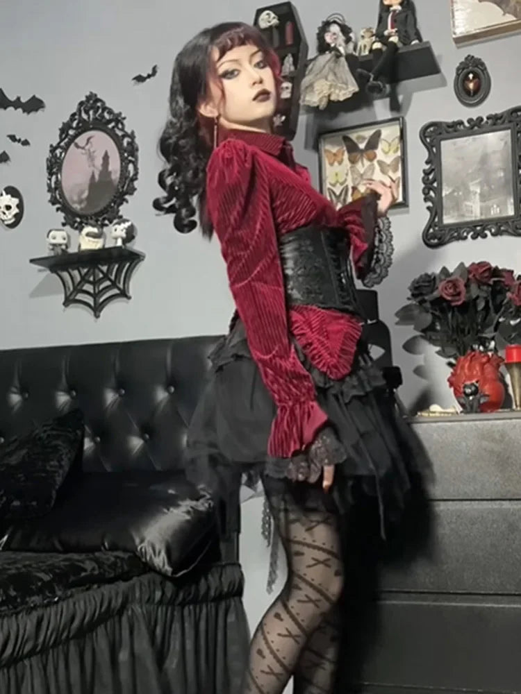 maoxiangshop Aesthetic Gothic Red Velvet Shirts Women Streetwear Fairy Grunge Long Sleeve Lace Patchwork Blouse Emo Alt Rave Outfits