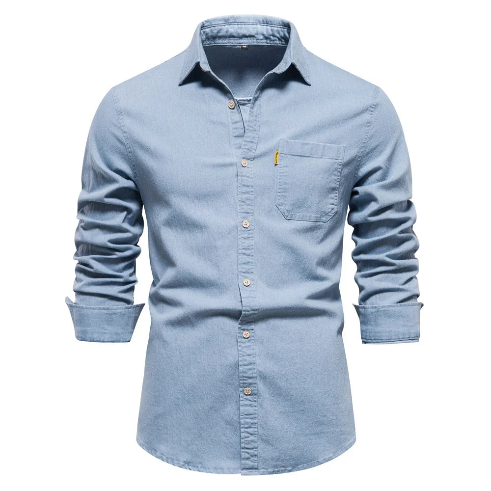 maoxiangshop Autumn New Cotton Men's Denim Shirt Solid Color Single Pocket Casual Long Sleeve Shirt Autumn Jeans Shirt for Men