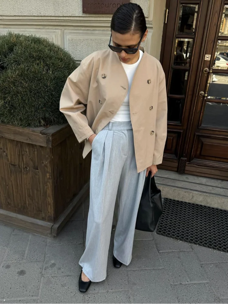 maoxiangshop - Fashion Solid Color Double-breasted V-neck Women's Jacket Casual Long Sleeved Versatile Coats New Autumn Commute Outerwear 2024